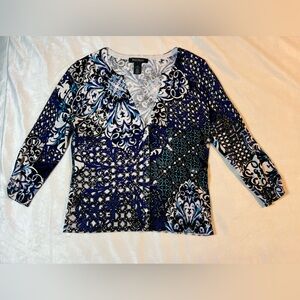 WHITE HOUSE BLACK MARKET blue print Cardigan Sweater 3/4 sleeve v-neck Womens XS